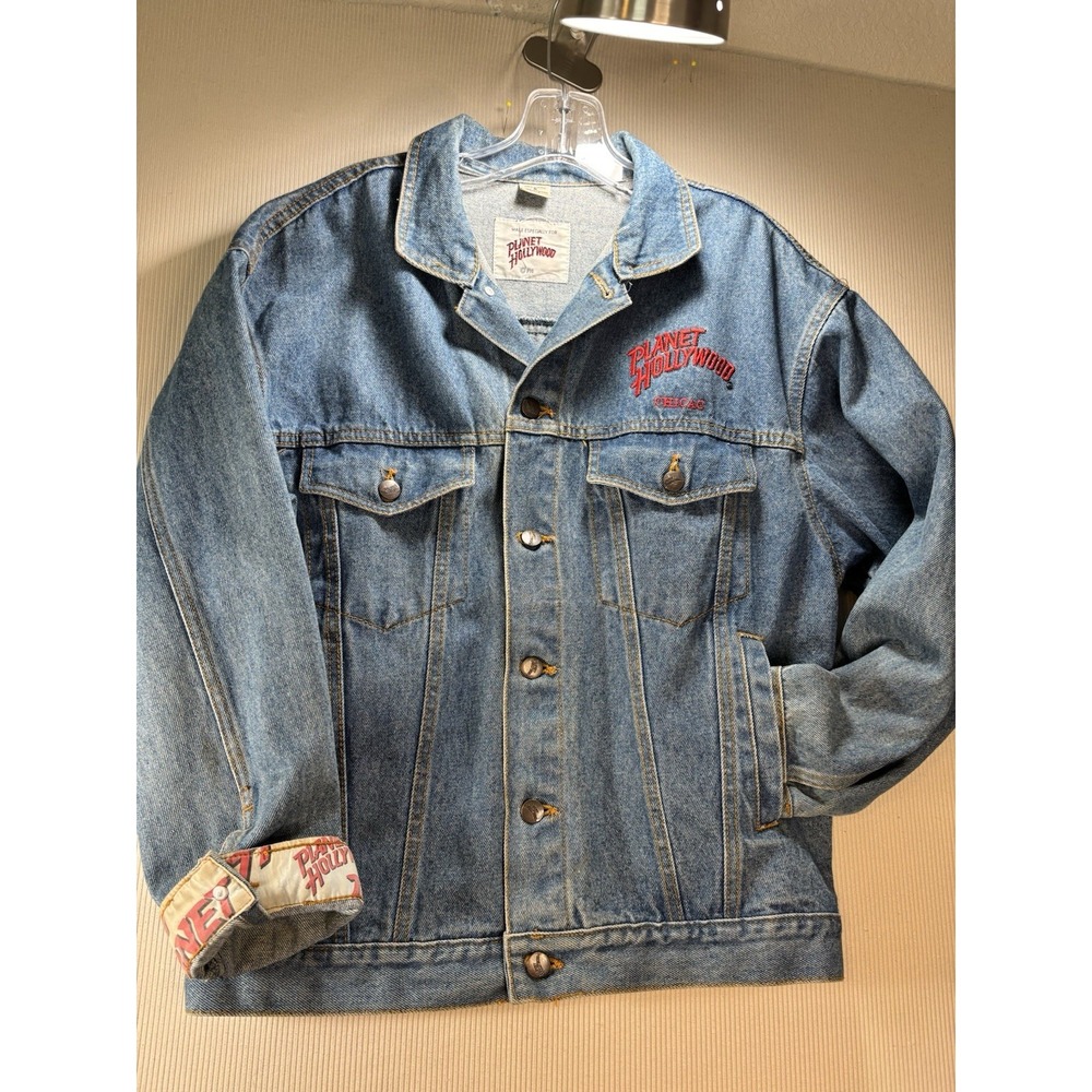 Vtg 90s Planet Hollywood Chicago Denim Trucker Jacket W/Souvenir Pin Bundle S